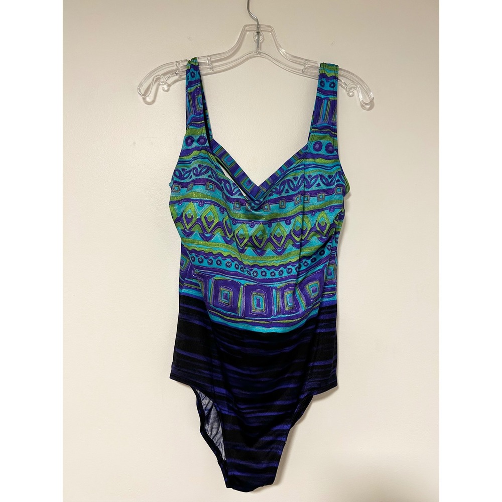 Great Lengths Womens One Piece Swimsuit Blue Purple Geometric Tribal Size 16